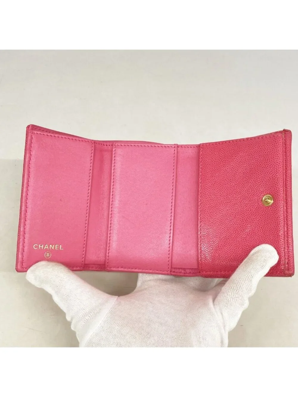 Chanel Trifold Wallet Quilted Caviar Leather Pink Gold